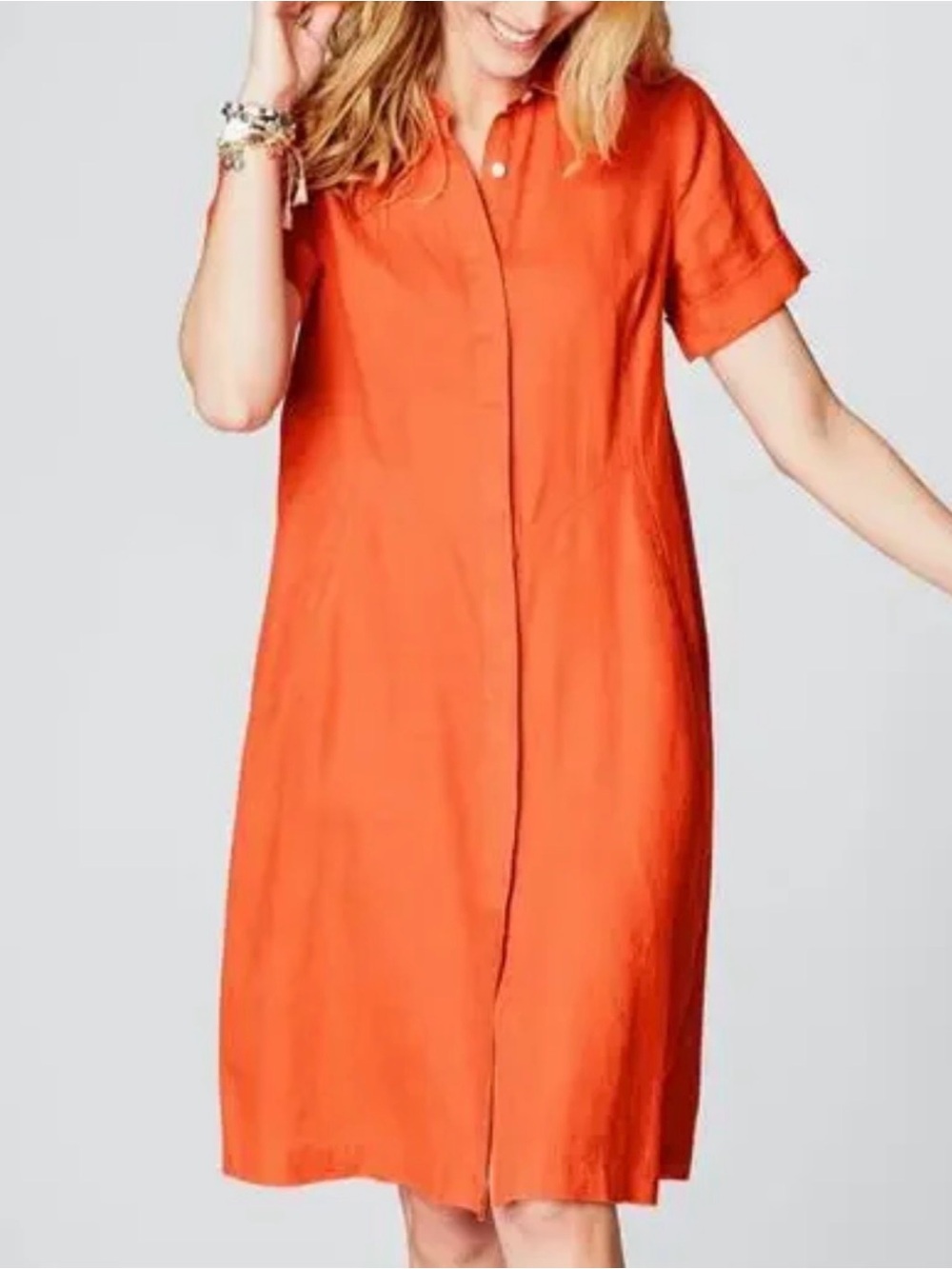 J. Jill Love Linen Zinnia Orange Saffron Shirt Dress Small S Pockets Button Up